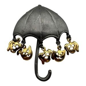 Vintage Ultracraft “Raining‎ Cats and Dogs” Umbrella Brooch - Pewter & Gold-Tone